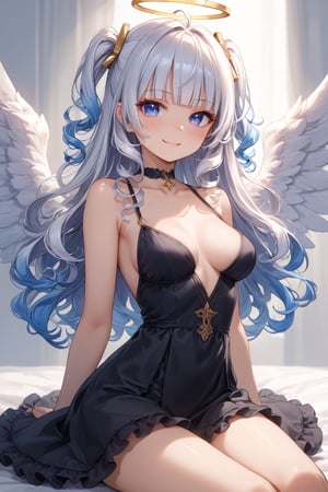 (score_9, score_8_up, score_7_up), 1girl, angel, white hair, long curly hair, (two side up), blue eyes,  (curly hair:1.2), (wavy hair), (hair curls)
, (bangs), (two side up), two blue hair ties on head, (Double golden halo on her head), bowtie choker, angel wings, ahoge, fang, dress, long hair, smile, solo, (medium breasts:2), white hair, black dress, looking at viewer, breasts, bare shoulders, sidelocks, collarbone, blush, sitting, purple eyes, blue eyes, beautiful eyes, (petite:2), blunt bangs, gradient hair,source_anime