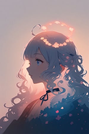 silhouette of angel girl, solo,  ((white hair)), very long hair, white hair, long curly hair, (two side up), blue eyes,  (curly hair:1.2), (wavy hair), (hair curls)
, (bangs), (two side up), two blue hair ties on head, (Double golden halo on her head), bowtie choker, angel wings, ahoge, fang,Soft colors. Inside the silhouette you can see the double exposure with a sakura flower, masterpiece, ((double exposure)), proportional.,DOUBLE EXPOSURE