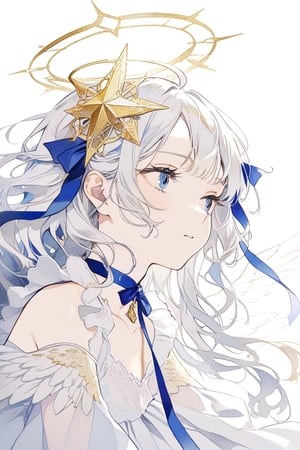 1girl, angel, white hair, long curly hair, two side up,blue eyes, two blue ribbons on her hair, (Double golden halo on her head), choker, angel wings on back, ahoge,Sitting with one hand running through the hair,
portrait, close-up, irezumi ,
masterpiece, best quality, aesthetic,