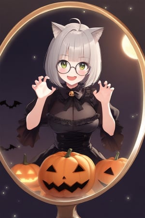 1girl, (gray hair), green eyes, ahoge, (striking bob cut and intense), (black round frame glasses:1.2), Gothic lolita style dress, cat ears, , (claw pose), bats, cobweb, pumpkin lantern, moon, blush, (simple halloween background), (eyes highlight), standing, ((upper body)), very beautiful girl, smiling, happy, himecut hairstyle, masterpiece quality, stunning image, masterpiece, 8K, stunning image, light particles, attractive image, reflections,  \medium\,Beautiful eyes,