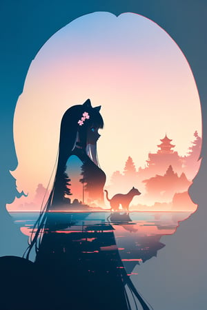 silhouette of astoat girl, solo,  ((white hair)), very long hair, blue eyes, (straight hair), (bangs), animal ears, (stoat ears:1.2), Choker, ahoge, fangs, (big stoat Tail:1.2), (blue X hairpin),Soft colors. Inside the silhouette you can see the double exposure with a sakura flower, masterpiece, ((double exposure)), proportional.,DOUBLE EXPOSURE