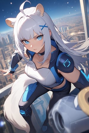 1girl, stoat girl, solo,  ((white hair)), very long hair, blue eyes, (straight hair), (bangs), animal ears, (stoat ears:1.2),
 Choker, ahoge, yaeba, (big white stoat Tail:1.2), (blue X hairpin), very beautiful girl, badass outfit, super hero suit, sexy pose, impressive woman, blue eyes, long hair, light particles in air, water particles in air, serious face, beautiful face, looking at viewer, masterpiece quality, stunning image, city in background.,ink paint