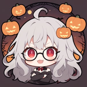 1girl, (gray hair), red eyes, ahoge, (long curly hairs), (black round frame glasses:1.2), (vampire style dress), (Vampire Fangs) , (Arms Crossed), bats, cobweb, pumpkin lantern, moon, blush, (simple halloween background), (eyes highlight), standing, ((upper body)), very beautiful girl, smiling, slightly angry, himecut hairstyle, solo, (chibi), (Focus on face), 