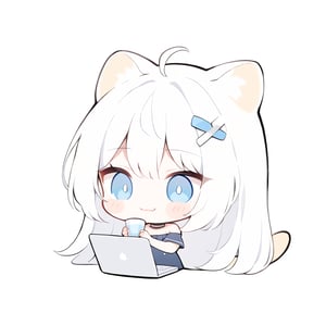 masterpiece, 1girl, stoat girl, solo,  ((white hair)), very long hair, blue eyes, (straight hair), (bangs), animal ears, (stoat ears:1.2),
 Choker, ahoge, fangs, (big stoat Tail:1.2), (blue X hairpin), solo, long hair, blush, bangs, simple background, cute dress, white background, hair between eyes, smiling, collarbone, (((holding a big cup))), drinking, ahoge, lips parted, off shoulder, chibi, (((up body))), laptop,flat style