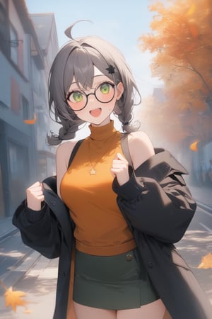 1girl, (gray hair), green eyes, medium hair, (double braid), ahoge, (black round frame glasses:1.2), (black star hairpin), (autumn clothing), (Dark coat), Sleeveless top, Short skirt, Off-shoulder, (happy), Emotionally excited, (On the streets in autumn), (eyes highlight), standing, ((upper body)), very beautiful girl, eyes wide open, Open mouth wide, sweat, slightly angry, himecut hairstyle, masterpiece quality, stunning image, masterpiece, 8K, stunning image, light particles, attractive image, reflections, Dutch Angle Shot,Beautiful eyes,