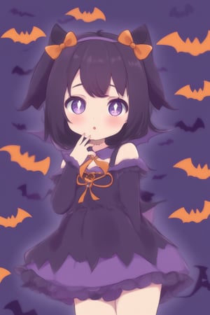 a cute bat girl, solo, halloween, naughty child, ZanyEyesStyle, cute bat background, night,