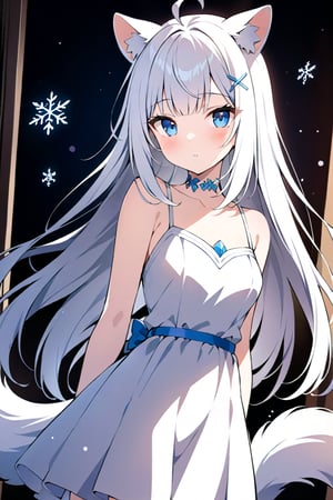 1girl, stoat girl, solo,  ((white hair)), very long hair, blue eyes, (straight hair), (bangs), animal ears, (stoat ears:1.2),
 Choker, ahoge, yaeba, (big white stoat Tail:1.2), (blue X hairpin), solo, ((standing: 2.5)), long hair, looking at viewer, blush, bangs, himecut, parted lips, blurry, lips, ((white dress: 2)), eyelashes, portrait, light particles, ((masterpiece: 2)), excellent quality, light particles, snowflakes, ((stunning_image: 1.5)), ((snowflakes in air: 1)), medium long shot.