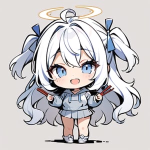  chibi, masterpiece, best quality, solo, 1girl, angel, (white hair), long curly hair, (two side up),blue eyes, (two blue ribbons on her hair), ((Double golden halo on her head)), choker, ((angel wings)), ahoge, full body, cute smile, best smile, open mouth, Wearing grey Hooded T-shirt, long sleeves, pleated skirt, (holding a pair of huge chopsticks), ,masterpiece,simple background, ,