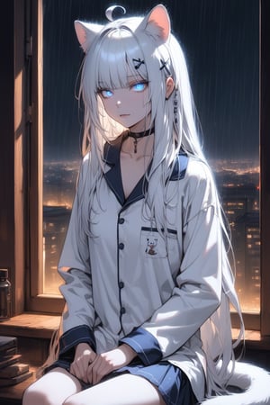 detailed, (masterpiece), very_aesthetic, absurdres, pale_skin, solo, 1girl, stoat girl, solo,  ((white hair)), very long hair, blue eyes, (straight hair), (bangs), animal ears, (stoat ears:1.2),
 Choker, ahoge, yaeba, (big white stoat Tail:1.2), (blue X hairpin), glowing_eyes, upper_body, long_hair, night, indoors, pajamas, long_sleeves, sitting, ahoge, bangs, closed_mouth, window, rain, cityscape, collared_shirt, skirt, night_sky, collarbone, building