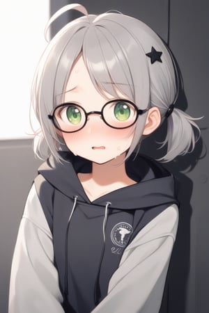  1girl, solo, (gray hair), green eyes, (short Twin ponytails:1.2), ahoge, (black round frame glasses:1.2), (black star hairpin), solo, blush, open mouth, Center parted bangs, hooded cloak, Hood Down, long sleeve shirt top, Short skirt, boots, upper body, sweat, embarrassed,