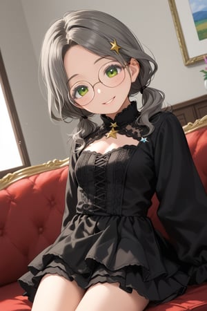 1girl, (gray hair), green eyes, (short hair and cute pigtails:1.2), wavy_hair, (black round frame glasses:1.2), (black star hairpin), (gakuran:1.2), long sleeve uniform, Short skirt, (happy), (indoor), (eyes highlight), very beautiful girl, very cute face, (Medium chest), sway back, half-closed eyes, :), sitting on sofa, cute pose, headtilt, masterpiece quality, masterpiece, 8K, stunning image, light particles, attractive image, reflections, Dutch Angle Shot,Beautiful eyes,