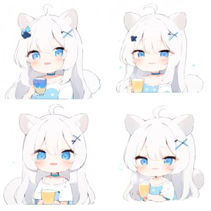 masterpiece, 1girl, stoat girl, solo,  ((white hair)), very long hair, blue eyes, (straight hair), (bangs), animal ears, (stoat ears:1.2),
 Choker, ahoge, fangs, (big stoat Tail:1.2), (blue X hairpin), solo, long hair, blush, bangs, simple background, cute shirt, white background, hair between eyes, smiling, collarbone, (((holding a big cup))), drinking, ahoge, lips parted, off shoulder, chibi, (((up body))),flat style,cute comic