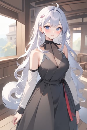 1girl, stoat girl, solo,  ((white hair)), very long hair, blue eyes, (straight hair), (bangs), animal ears, (stoat ears:1.2),
 Choker, ahoge, yaeba, (big stoat Tail:1.2), (blue X hairpin), solo, long hair, breasts, looking at viewer, blush, bangs, blue eyes, hair ornament, dress, ribbon, cleavage, bare shoulders, jewelry, medium breasts, sitting, very long hair, closed mouth, collarbone, sleeveless, indoors, necklace, black dress, bracelet, sleeveless dress, arm support, wavy hair,Cute Anime