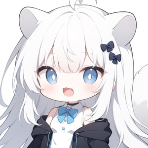(chibi style),1girl, solo,  ((white hair)), very long hair, blue eyes, (straight hair), (bangs), animal ears, (stoat ears:1.2), Choker, ahoge, fangs, (big stoat Tail:1.2), (cute hairpin),
(White sleeveless collared dress, blue chest bow), (black hooded oversized jacket:1.2), (Off the shoulders), looking at viewer, simple background, shirt,, white background, upper body, anime ,Anime ,girl ,Emote Chibi