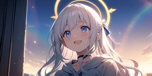 shiny, vibrant colors, female, masterpiece, sharp focus, best quality, depth of field, cinematic lighting, ((solo, one girl)), (illustration, 8k CG, extremely detailed), masterpiece, ultra-detailed, Anime-style illustration depicting a sunny sky scene. A sky after rain. (big rainbow on sky),1girl, angel, white hair, long curly hair, two side up,blue eyes, two blue ribbons on her hair, (Double golden halo on her head), choker, (angel wings),  Wearing grey Hooded T-shirt, is looking up at the sky with a surprised expression, cute smile. best smile, The perspective is from below, open mouth, shiny background,Flat vector art,Visual Anime