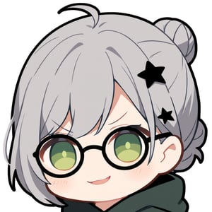 1girl, (gray hair), green eyes, short hair, ahoge, (black round frame glasses:1.2), (black star hairpin), dark green hooded cloak, Hood Down, dress, Short skirt, boots, ((a hair bun:1.2)), solo, (chibi, head only), blush,mouth open, (close-up portrait), (smug face), Upper Body, simple white background,