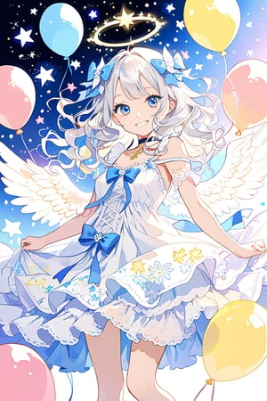 //quality
masterpiece, best quality, aesthetic, 
//Character
1girl, angel, white hair, long curly hair, (two side up), blue eyes, two blue bows on head, (Double golden halo on her head), choker, angel wings on back, ahoge, glossy lips, (beautiful and detailed eyes:1.1), big eyes, (medium breasts:1.1), (smirk:1.2), 
//Fashion
A girl with a light blue ribbon tied in her hair is wearing a fluffy and cute dress. The dress is white and blue with floral patterns, and the skirt is spread out to the knees. A ribbon of the same color as the light blue ribbon is decorated on the chest of the dress. The girl has a shy smile on her face and poses for the camera. Her eyes sparkle and her happy expression is impressive. The girl's illustration makes you feel a bright and gentle atmosphere.

Behind the girl, there is a colorful and fun background. Colorful balloons, flowers, stars, and hearts are floating in the sky. The colors of the background match the girl's dress and ribbon, enhancing the gorgeousness and cuteness. 
//Background 
(watercolor:0.6), dynamic pose, dynamic angle, 