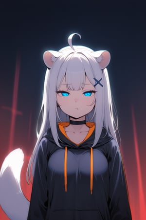  1girl, stoat girl, solo,  ((white hair)), very long hair, blue eyes, (straight hair), (bangs), animal ears, (stoat ears:1.2),
 Choker, ahoge, yaeba, (big white stoat Tail:1.2), (blue X hairpin), mature female, no pupils, straight-on, half-closed eyes, narrowed eyes, pout, blurry background, alp, (((neon theme))), perfect_hands, dark theme, vivid color, masterpiece, best quality, amazing quality, very aesthetic, absurdres, depth of field, score_9, archi-ghelber-style