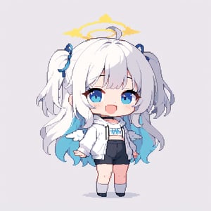 (chibi:1.3), masterpiece, made by a master, 4k, perfect anatomy, perfect details, best quality, high quality, lots of detail.
(solo),1girl, ((angel)), ((white hair)), (long hair:1.1), (two side up:1.2), blue eyes, (wavy hair), (hair curls), (bangs), two ((blue)) hair ties on head, (Double golden halo on her head), choker, ((angel wings)), ahoge, laughing, (white long sleeve hooded top), black pants, white socks, single, open mouth, (full body) ,Emote Chibi. cute comic, flat color, Cute girl,Chibi Style,(pixel art),16 bit,Pixel art,32 bit,pixel style