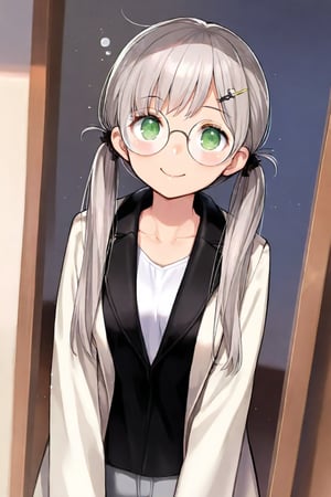 1girl, (gray hair), green eyes, long hair, ( pigtails:1.2), (black round frame glasses:1.2), (black star hairpin), (casual wear), collarbone, (Knight Coat), cotton pants, (happy), (in room), indoor, (eyes highlight), standing, ((upper body)), very beautiful girl, Sleepy eyes, closed mouth, :), himecut hairstyle,, masterpiece quality, stunning image, masterpiece, 8K, stunning image, light particles, attractive image, reflections, Dutch Angle Shot,Beautiful eyes,