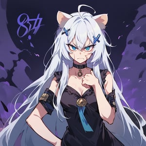 score_9, score_8_up, score_7_up, source_anime, BREAK, half_body, hand on hip, female, girl, stoat girl, solo,  ((white hair)), very long hair, blue eyes, (straight hair), (bangs), animal ears, (stoat ears:1.2),
 Choker, ahoge, yaeba, (big white stoat Tail:1.2), (blue X hairpin), slit pupils, angry, high quality, detailed face, detailed eyes, beautiful eyes, masterpiece, solo, solo_image, best quality, masterpiece,