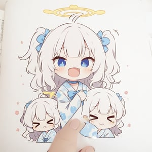 (chibi:1.3), masterpiece, made by a master, 4k, perfect anatomy, perfect details, best quality, high quality, lots of detail.
(solo), 1girl, angel, white hair, long curly hair, (two side up), blue eyes, (curly hair:1.2), (wavy hair), (hair curls), (bangs), (two side up), two blue hair ties on head, (Double golden halo on her head), bowtie choker, angel wings, ahoge, fang, (cute yukata, colorful yukata), smiling, single, (((>_<:1.4))), (upper body) ,Emote Chibi. cute comic,simple background, flat color, Cute girl,dal,Chibi Style,lineart,comic book,score_9,score_8_up,score_7_up,source_anime,Deformed