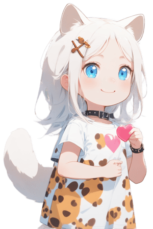 1girl, stoat girl, solo,  ((white hair)), very long hair, blue eyes, (straight hair), (bangs), animal ears, (stoat ears:1.2),
 Choker, ahoge, yaeba, (big white stoat Tail:1.2), (blue X hairpin), hold, holding pink heart, cartoon tshirt, white tshirt, collar, hair covering one eye, looking at the camera, little smile,pastel tone