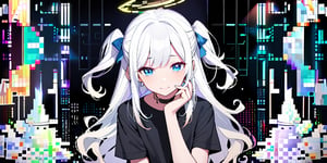 1girl, angel, two side up, two blue ribbons on her hair, (Double golden halo on her head), choker, (angel wings), (upper body:1.2), (simple black background:1.2), (computer matrix), (digital dissolve:1.4), (cyborg), pale skin, (long curly hair), ((white hair)), (hair gradient:1.5), (blue eyes:1.2), (looking at viewer), light smile, hand on own face, (black T-shirt, short sleeves:1.4), (masterpiece, best quality)