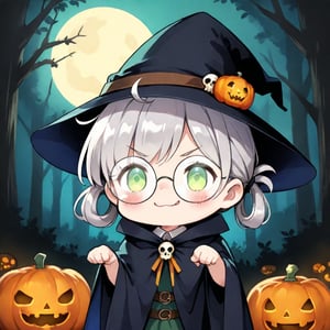 1girl, solo, (gray hair), green eyes, ahoge, (low-pigtail hairs:1.2), (black round frame glasses:1.2), (Witch hat), (Witch cloak), Witch dress, (cute pose), cobweb, (skull), pumpkin lantern, moon, blush, (In the forest at night), (eyes highlight), standing, ((upper body)), very beautiful girl, crazy smiling, slightly angry, himecut hairstyle, solo, (chibi), (Focus on face), chibi style