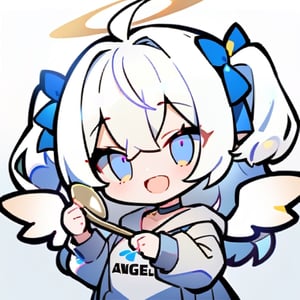  chibi, masterpiece, best quality,1girl, angel, (white hair), long curly hair, (two side up),blue eyes, (two blue ribbons on her hair), ((Double golden halo on her head)), choker, ((angel wings)), ahoge,cute smile, best smile, open mouth, Wearing grey Hooded T-shirt, long sleeves, pleated skirt, (holding a spoon), masterpiece,simple background