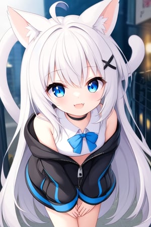 masterpiece, best quality, laplace, 1girl, solo,  ((white hair)), very long hair, blue eyes, (straight hair), (bangs), animal ears, (stoat ears:1.2), Choker, ahoge, fangs, (big stoat Tail:1.2), (blue X hairpin), (White sleeveless collared dress, (midriff), blue chest bow), (black hooded oversized jacket:1.2), (jacket zipper half unzipped), (Off the shoulders), lolita, smile, leaning forward, city street, close-up , from above, look up, anime,light,detail,atmosphere,portraitart,Visual_Illustration,portrait art style,