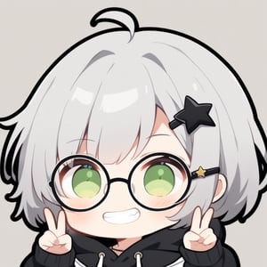 1girl, (gray hair), green eyes, short hair, (Bob Hair), ahoge, (black round frame glasses:1.2), (black star hairpin), hooded cloak, Hood Down, long sleeve shirt top,
Short skirt, boots, , solo, (chibi, head only), blush, (close-up portrait), (grin), (double v), Upper Body, (Focus on face), simple background,