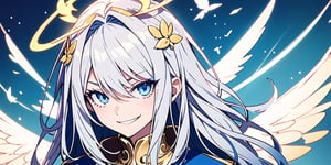 1girl, angel, with sliver long curly hair, blue eyes, two blue ribbons on her hair, (Double golden halo on her head), angel wings, perfecteyes, mage clothing, evil smirk,perfect light,portrait,masterpiece