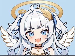 masterpiece, made by a master, 4k, perfect anatomy, perfect details, best quality, high quality, lots of detail.
1girl, angel, white hair, long curly hair, (two side up), blue eyes,  (curly hair:1.2), (wavy hair), (hair curls), (blunt bangs), (two side up), two blue hair ties on head, (Double golden halo on her head), choker, angel wings,ahoge,, single, kumiho,
looking at camera, smiling, fang, happy, slightly angry, chibi, Emote Chibi.
simple background,