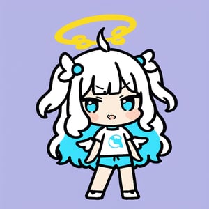 chibi, sd, masterpiece, made by a master, 4k, perfect anatomy, perfect details, best quality, high quality, lots of detail.
1girl, ((angel)), (white hair), long curly hair, (two side up), blue eyes,  (curly hair:1.2), (wavy hair), (hair curls), (bangs), (two side up), two ((blue)) hair ties on head, (Double golden halo on her head), choker, ((angel wings)), ahoge,white t-shirt, Short pants, single, looking at viewer, smiling, fang, happy, slightly angry, chibi, Emote Chibi. simple background, Line,cute comic,simple background, flat color,chibi,Cute girl,dal,Emote Chibi,chibi style,Chibi Style,Graffiti Comic,lineart