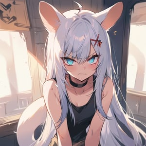 score_9, score_8_up, score_7_up, source_anime, BREAK, half_body, hand on hip, female, girl, stoat girl, solo,  ((white hair)), very long hair, blue eyes, (straight hair), (bangs), animal ears, (stoat ears:1.2),
 Choker, ahoge, yaeba, (big white stoat Tail:1.2), (blue X hairpin), slit pupils, angry, high quality, detailed face, detailed eyes, beautiful eyes, masterpiece, solo, solo_image, best quality, masterpiece,