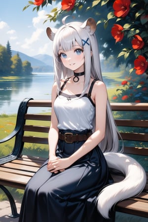 1girl, stoat girl, solo,  ((white hair)), very long hair, blue eyes, (straight hair), (bangs), animal ears, (stoat ears:1.2),
 Choker, ahoge, yaeba, (big white stoat Tail:1.2), (blue X hairpin), solo, breasts, looking at viewer, smile, bangs, skirt, bare shoulders, sitting, white shirt, flower, outdoors, parted lips, sleeveless, day, belt, sleeveless shirt, black skirt, red flower, bench, hands on lap, fine art parody, oil painting style,