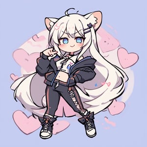 Heart background,1girl, stoat girl, solo,  ((white hair)), very long hair, blue eyes, (straight hair), (bangs), animal ears, (stoat ears:1.2),
 Choker, ahoge, fangs, (big stoat Tail:1.2), (blue X hairpin), (White collared sleeveless top, (midriff), blue chest bow), 
(black hooded oversized jacket:1.2), (jacket zipper half unzipped), (black short pants) (Off the shoulders), happy, smile,smug face, heart,l ong hair,seductive smile, blush,full body,girl focus, navel,food, midriff, 