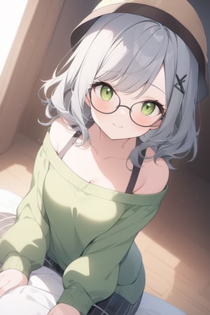 1girl, (gray hair), green eyes, medium hair, (bucket hat:1.2), (black round frame glasses:1.2), (black star hairpin), (light top), collarbone, (Sweater Jacket), cotton pants, Off-shoulder, (happy), (in room), indoor, (eyes highlight), standing, ((upper body)), very beautiful girl, Sleepy eyes, closed mouth, :), slightly angry, himecut hairstyle,, masterpiece quality, stunning image, masterpiece, 8K, stunning image, light particles, attractive image, reflections, Dutch Angle Shot,Beautiful eyes,