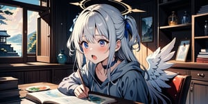 watercolor, vibrant colors, female, masterpiece, sharp focus, best quality, depth of field, cinematic lighting, ((solo, one girl)), (illustration, 8k CG, extremely detailed), masterpiece, ultra-detailed,
1girl, angel, white hair, long curly hair, two side up,blue eyes, two blue ribbons on her hair, (Double golden halo on her head), choker, angel wings, Wearing grey Hooded T-shirt, on chair, open book on desk, in a japanese room, look in the camera with a surprised expression, her mouth agape in awe,watercolor \(medium\)