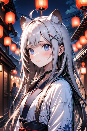 1girl, stoat girl, solo,  ((white hair)), very long hair, blue eyes, (straight hair), (bangs), animal ears, (stoat ears:1.2),
 Choker, ahoge, yaeba, (big white stoat Tail:1.2), (blue X hairpin), solo, long hair, looking at viewer, blush, bangs,  closed mouth, upper body, outdoors, japanese clothes, sky, choker, blurry, night, floral print, building, lantern, paper lantern