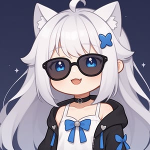 (chibi style), {{{masterpiece}}}, {{{best quality}}}, {{ultra-detailed}}, {beautiful detailed eyes}1girl, solo,  ((white hair)), very long hair, blue eyes, (straight hair), (bangs), animal ears, (stoat ears:1.2),
 Choker, ahoge, fangs, (big stoat Tail:1.2), (blue X hairpin), (White sleeveless collared dress, (midriff), (blue chest bow)), 
(black hooded oversized jacket:1.2), (jacket zipper half unzipped), (Off the shoulders), (rapping), (black sunglasses), upper body,chibi emote style,chibi,emote, cute,Emote Chibi,anime,cute comic,score_9