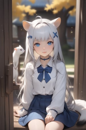 1girl, stoat girl, solo,  ((white hair)), very long hair, blue eyes, (straight hair), (bangs), animal ears, (stoat ears:1.2),
 Choker, ahoge, yaeba, (big white stoat Tail:1.2), (blue X hairpin), An animated animated girl with blue eyes is sitting on a wooden bench. She is wearing a short blue skirt with a white shirt and a blue bow tie. There is a small white cup of coffee on the bench in front of her. Behind her is a green lawn with small white flowers on it. A tree with yellow leaves is on the left side of the bench. Behind the tree is a wooden door with a black handle. Blurry background, detailed image, detailed skin, stunning image, 8k, proffesional style, luxurious room in background, ((masterpiece: 1.2)), light particles. Masterpiece, stunning image, professional style