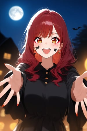 A cute girl, Halloween makeup on her face, Halloween costume, celebrating Halloween on the street at night, cute face, moon, anime style