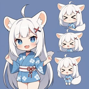 (chibi:1.3), masterpiece, made by a master, 4k, perfect anatomy, perfect details, best quality, high quality, lots of detail.
(solo),1girl, ((stoat girl)), solo,  ((white hair)), very long hair, blue eyes, (straight hair), (bangs), animal ears, (stoat ears:1.2), Choker, ahoge, cute_fang, (big Fox Tail:1.2), (blue X hairpin), (cute yukata, colorful yukata), smiling, single, (((>_<:1.4))), (upper body) ,Emote Chibi. cute comic,simple background, flat color, Cute girl,dal,Chibi Style,lineart,comic book,