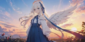  (Best Picture Quality, High Quality, Best Picture Score: 1.3), , Perfect Beauty Score: 1.5, long hair, 1 angel girl, (solo), ((white hair)), (long curly hair), blue eyes, ((two blue ribbons on her hair)), (Double golden halo on her head), (angel wings), (cute outfit), cute smile, background is the setting sun and the sky dyed red by the setting sun, beautiful, cute, masterpiece, best quality,