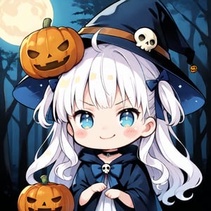 1girl, solo, angel, white hair, long curly hair, (two side up), blue eyes, two blue bows on head, choker, ahoge, (Witch hat), (Witch cloak), Witch dress, (cute pose), cobweb, (skull), pumpkin lantern, moon, blush, (In the forest at night), (eyes highlight), standing, ((upper body)), very beautiful girl, crazy smiling, slightly angry, himecut hairstyle, solo, (chibi), (Focus on face), chibi style