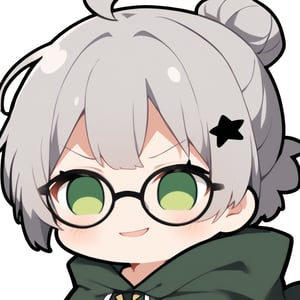 1girl, (gray hair), green eyes, short hair, ahoge, (black round frame glasses:1.2), (black star hairpin), dark green hooded cloak, Hood Down, dress, Short skirt, boots, ((a hair bun:1.2)), solo, (chibi, head only), blush,mouth open, (close-up portrait), (smug face), Upper Body, simple white background,