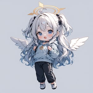 (chibi:1.3), masterpiece, made by a master, 4k, perfect anatomy, perfect details, best quality, high quality, lots of detail.
(solo),1girl, ((angel)), ((white hair)), (long hair:1.3), (two side up), blue eyes,  (curly hair:1.2), (wavy hair), (hair curls), (bangs), (two side up), two ((blue)) hair ties on head, (Double golden halo on her head), choker, ((angel wings)), ahoge, fang, fantai12, (Gray long sleeve hooded top), Black long pants, white socks, single, looking at viewer, (full body) ,Emote Chibi. cute comic,simple background, flat color, Cute girl,dal,Chibi Style,lineart, fantai12, expression