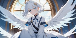 vibrant colors, female, masterpiece, sharp focus, best quality, depth of field, cinematic lighting, ((solo, one woman )), (illustration, 8k CG, extremely detailed), masterpiece, ultra-detailed,
1angel, (white hair), long curly hair, blue eyes, (two blue ribbons on her hair), (Double golden halo on her head), angel wings, dress, cute outfit, Sitting on a seat, look to the sky, best smile, cute face, perfect light,1girl white hair blue eyes x hair ornament
